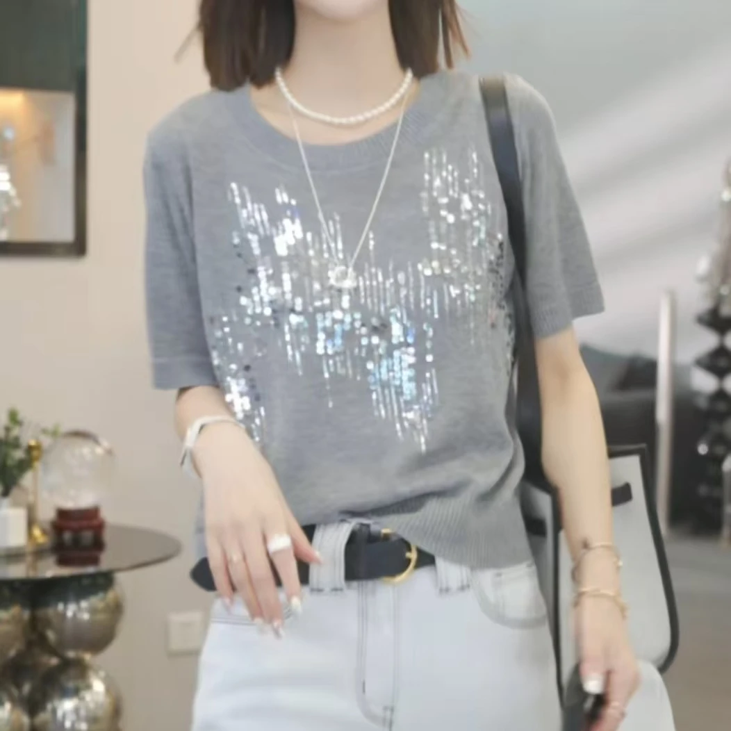 【轻都之旅】2025春季新款时尚气质休闲短袖圆领打底针织毛衣女9112