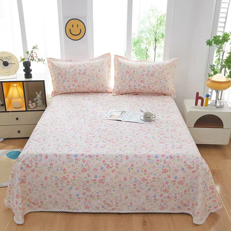 山东正宗粗布粉色小碎花花边三件套粉色碎花