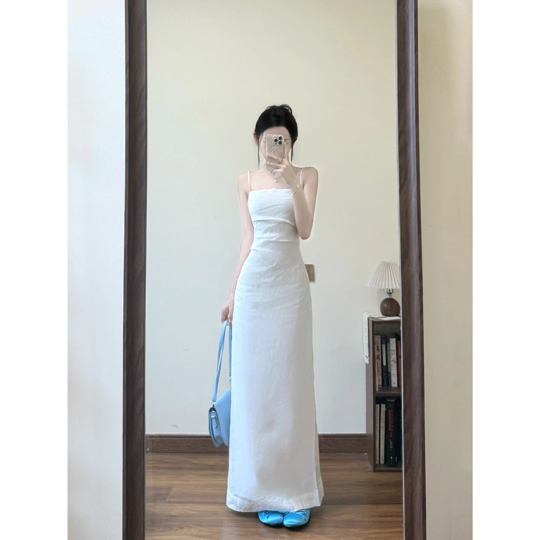 MARIE.COCO法式高级感极简白色抹胸吊带连衣裙女夏季收腰气质长裙