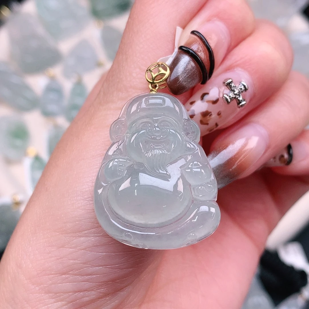 翡翠颈饰18K金镶嵌冰晴财神38.7、32，26、5.5