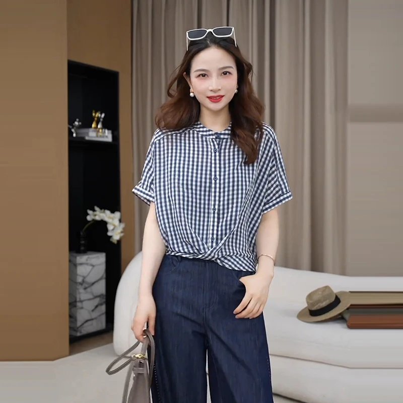 复古格子立领短袖衬衫女夏季设计感扭结衬衣显瘦韩版休闲短款上衣