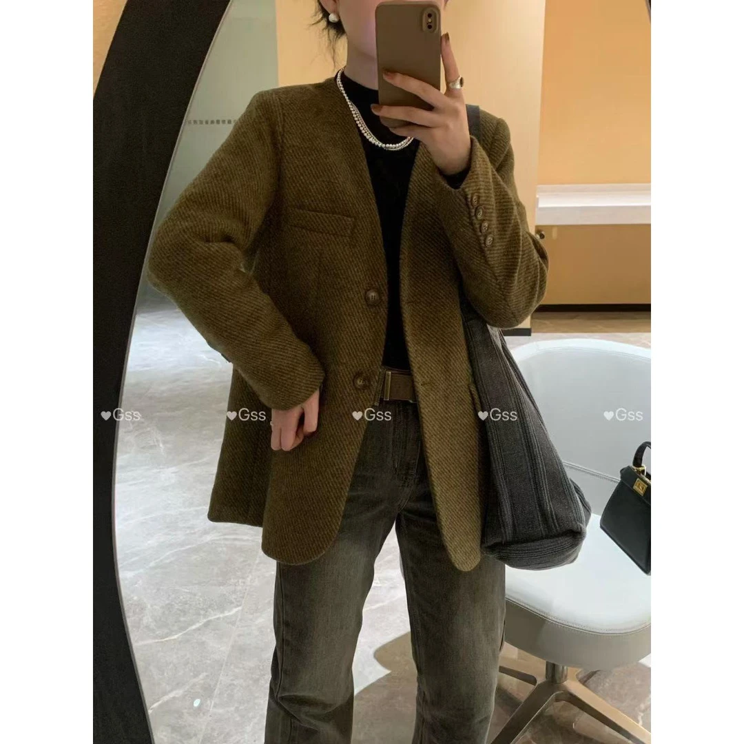 KIKI严选：107819-GSS家欧洲站南油秋季新款斜纹无领加厚西装外套