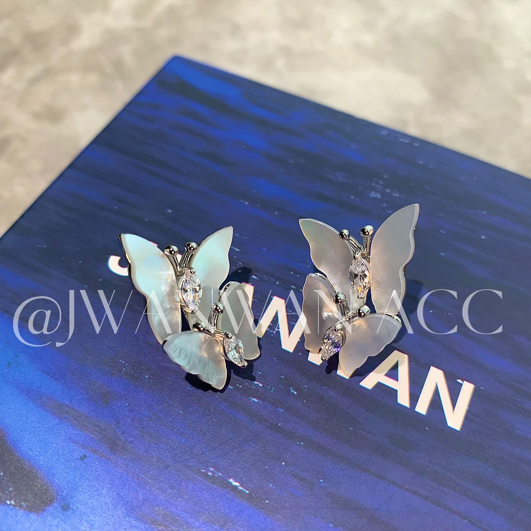 铜合金锆石耳饰 瑞士冰蝶.天然白贝双蝴蝶耳环01ED4247JQY