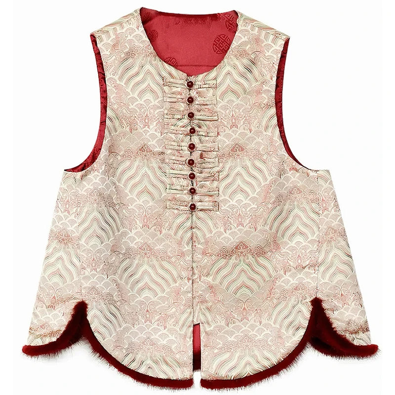 提花加厚马甲女秋冬新中式国风圆领盘扣百搭背心上衣