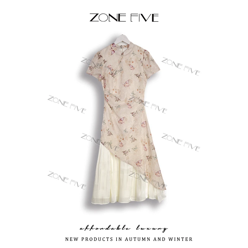 【zonefive】夏季新中式国风显瘦蝴蝶印花高档30-40岁白色旗袍