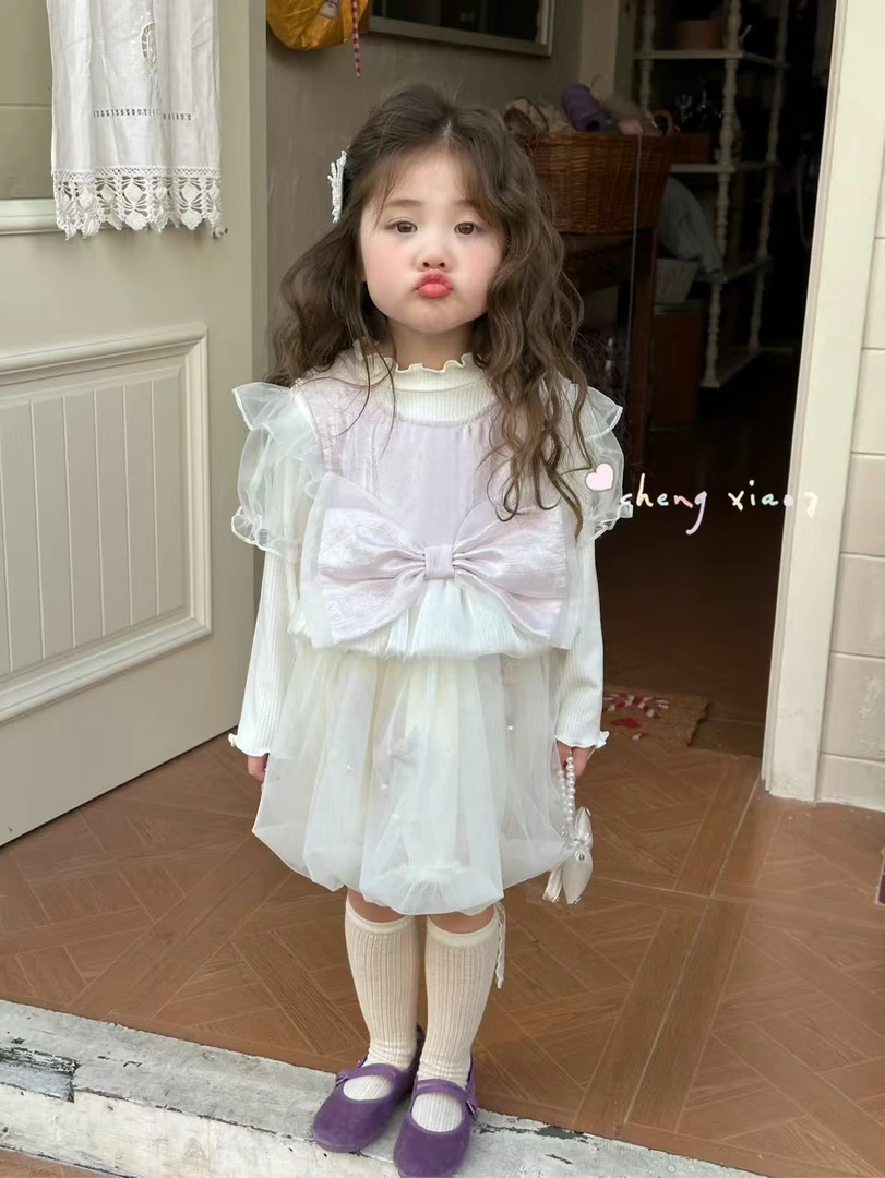 2025年橙小七春季新款女童连衣裙两件套粉色蝴蝶结纱纱裙公主裙