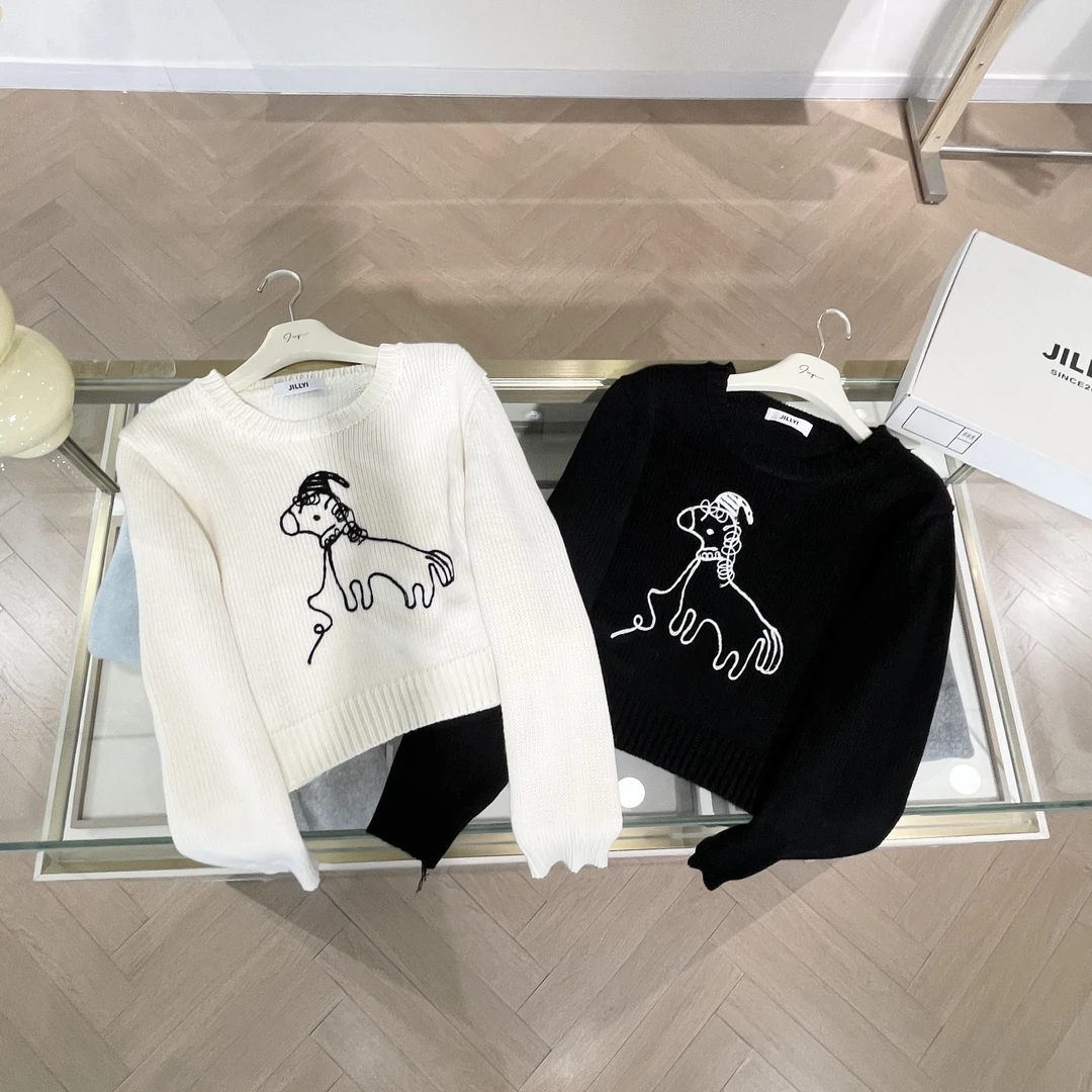 JILLYI【圣诞小马】黑白双色圆领线条小狗设计感针织衫