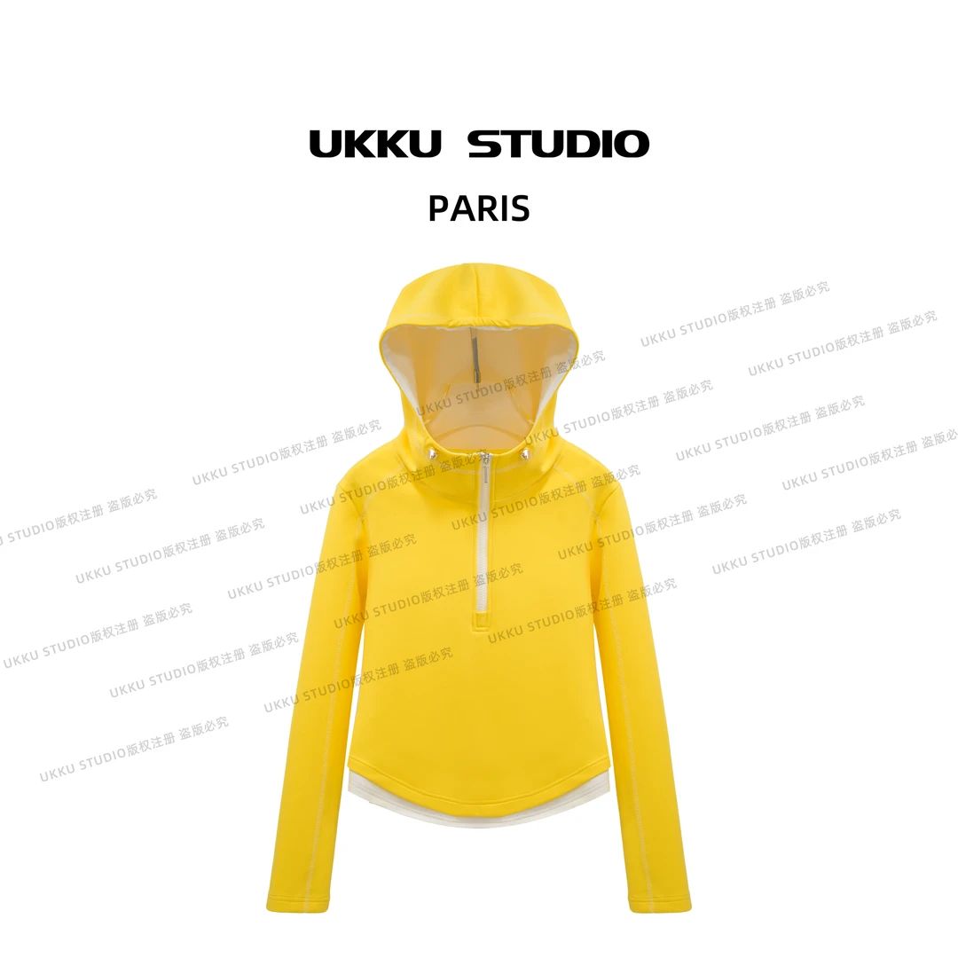 璎珞【UKKUSTUDIO】春季气质感穿搭显白舒适黄白拼接连帽卫衣313369