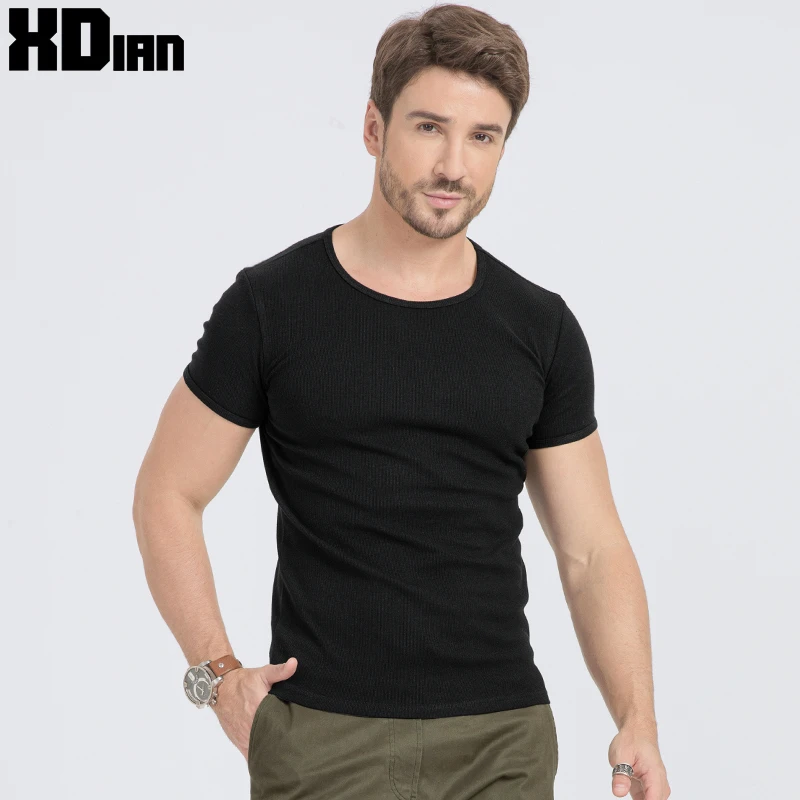 重磅螺纹纯色棉短袖t恤男款紧身美式运动健身弹力打底衫夏季体恤T