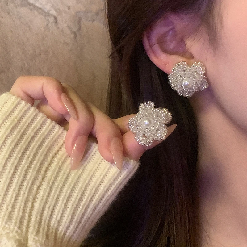 合金耳饰 度假风串珠花朵耳环2025新款小众设计温柔气质耳钉女