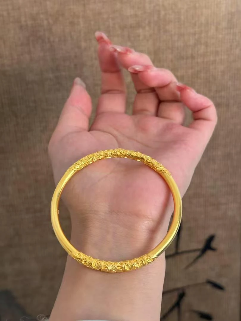 足银手镯 足银999足银手镯纯手工古法卷草纹祥云国风手镯复古