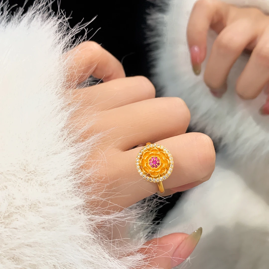 铜合金锆石戒指 新中式镶嵌莲花戒指女中国风轻奢可转动指环首饰