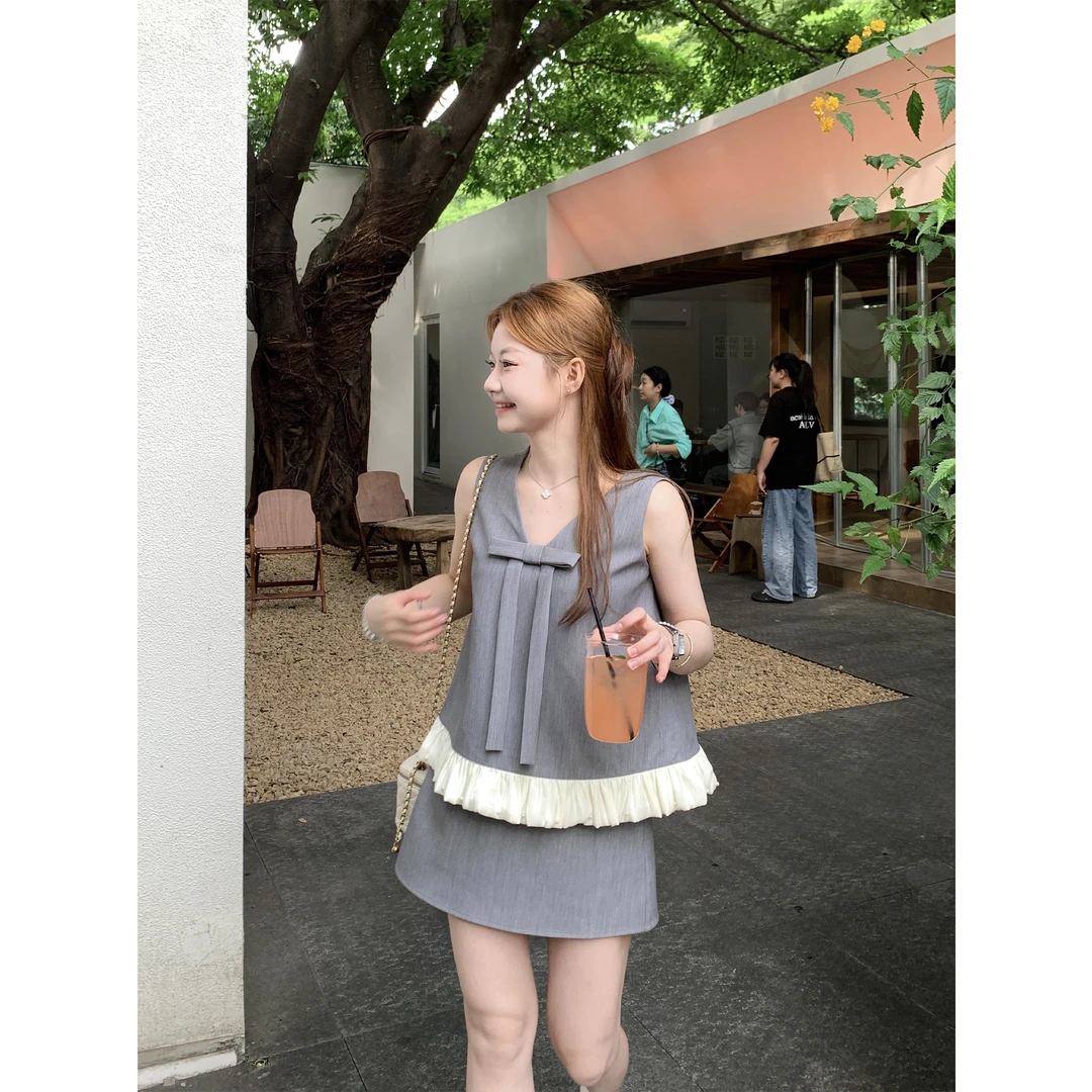 切糕自制【高智少女】小个子夏慵懒感小众气质千金有袖无袖两件套装