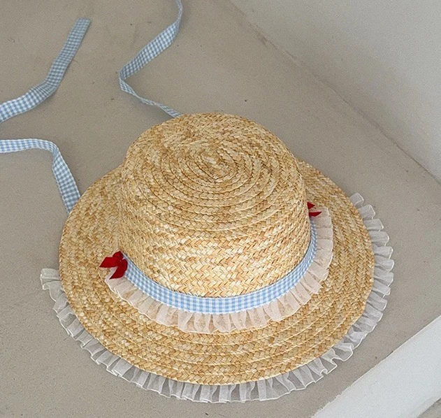 子田推荐（儿童蓝格纹红色蝴蝶结遮阳帽）