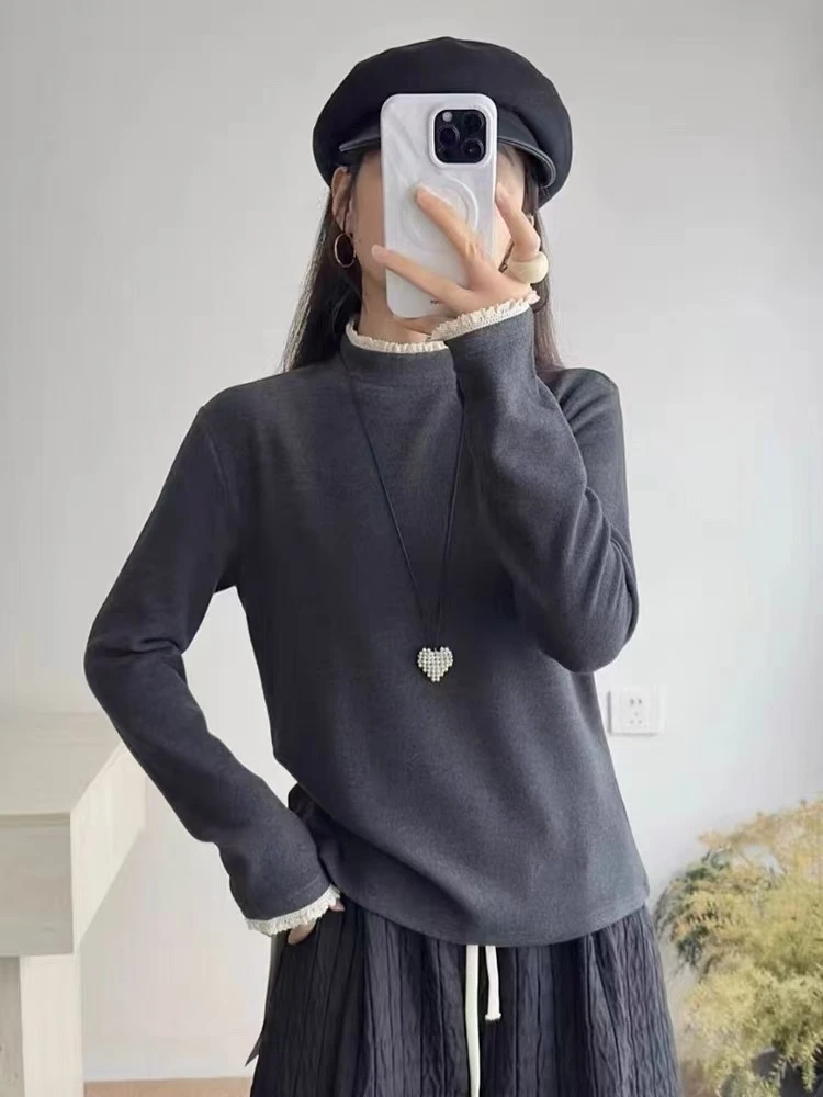 修身显瘦花边领长袖T恤上衣秋冬双面德绒保暖半高领内搭打底小衫