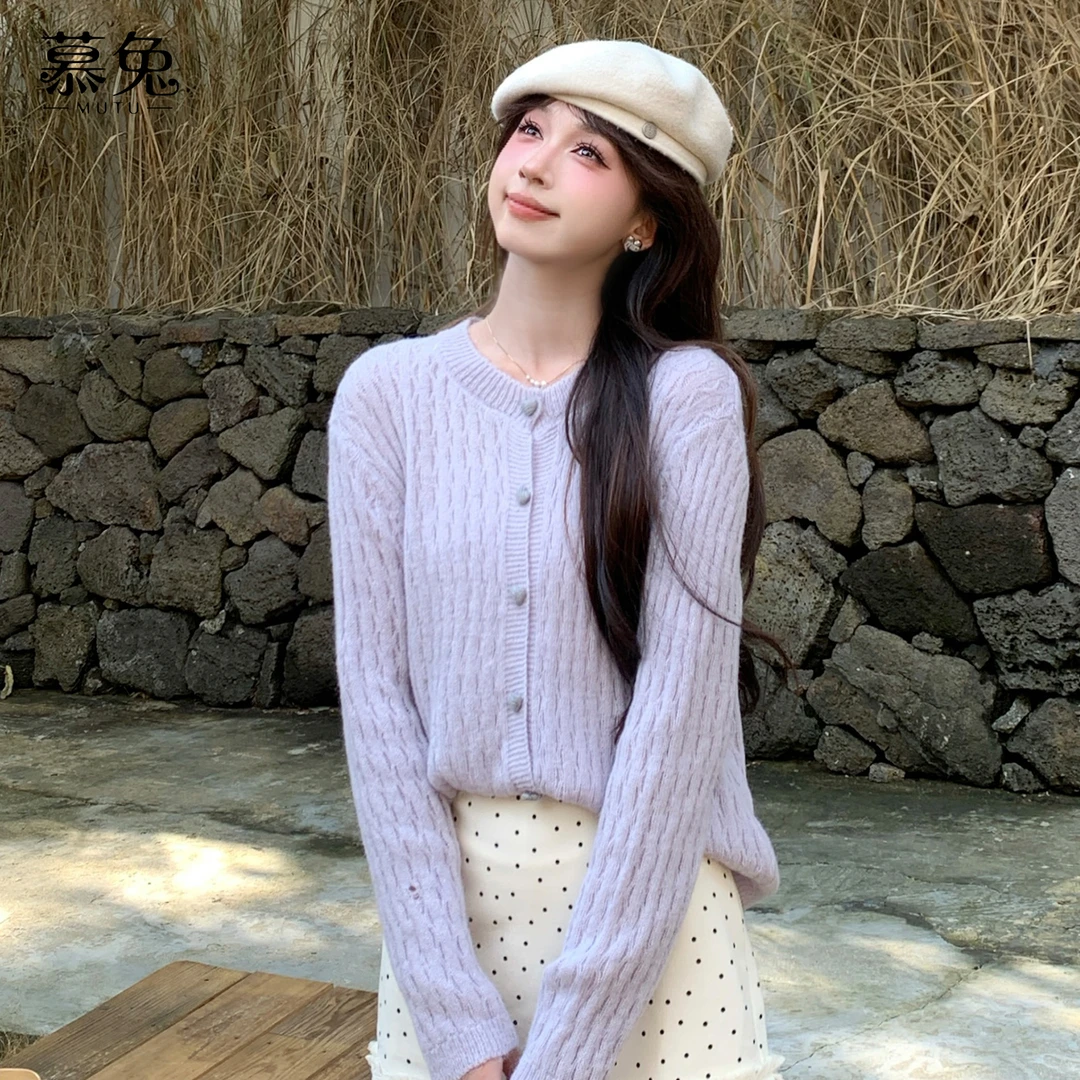 【粉丝专属】TU28833温柔风紫色长袖毛衣开衫软糯宽松圆领针织上衣