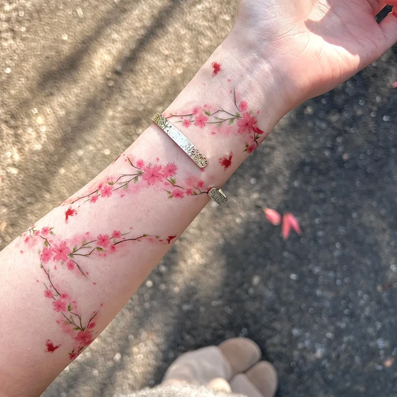 新中式桃花蝴蝶高颜值彩色纹身贴手腕防水女唯美持久仿真甜酷可洗