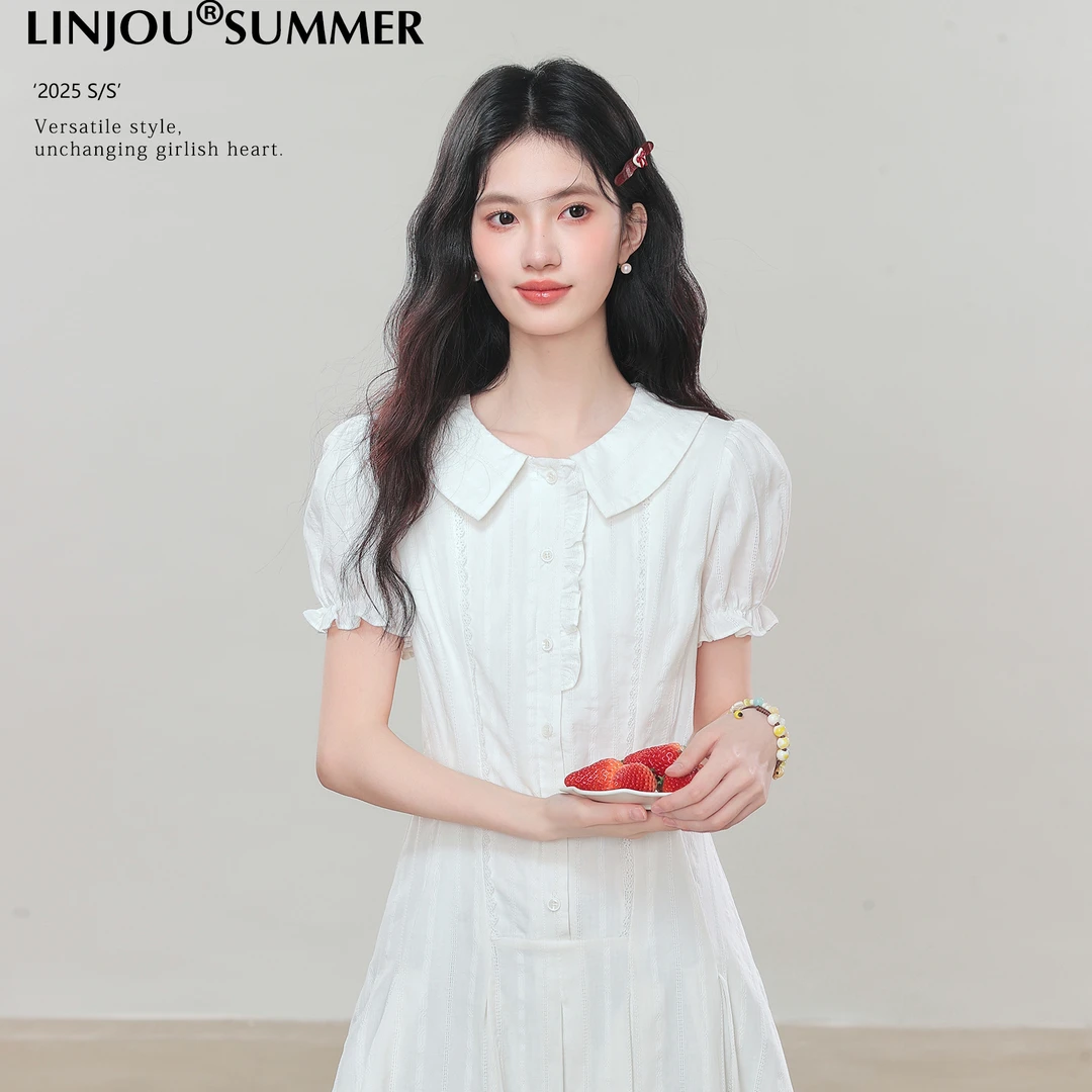 玲玖2025新款白色娃娃领甜美短袖连衣裙女夏季小个子大方得体穿搭