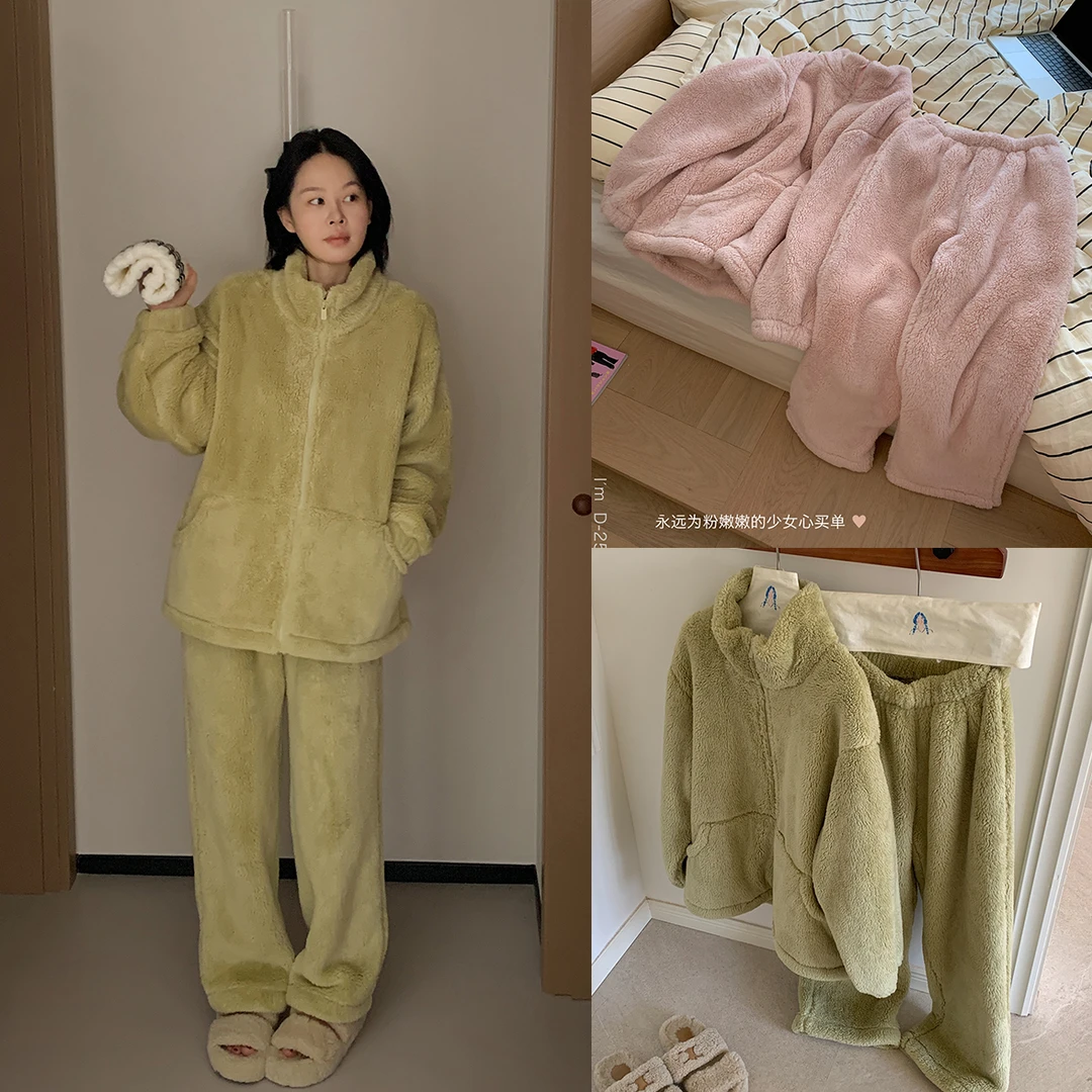 C5438纯色380g北极绒拉链立领外套松紧腰休闲裤家居服套装