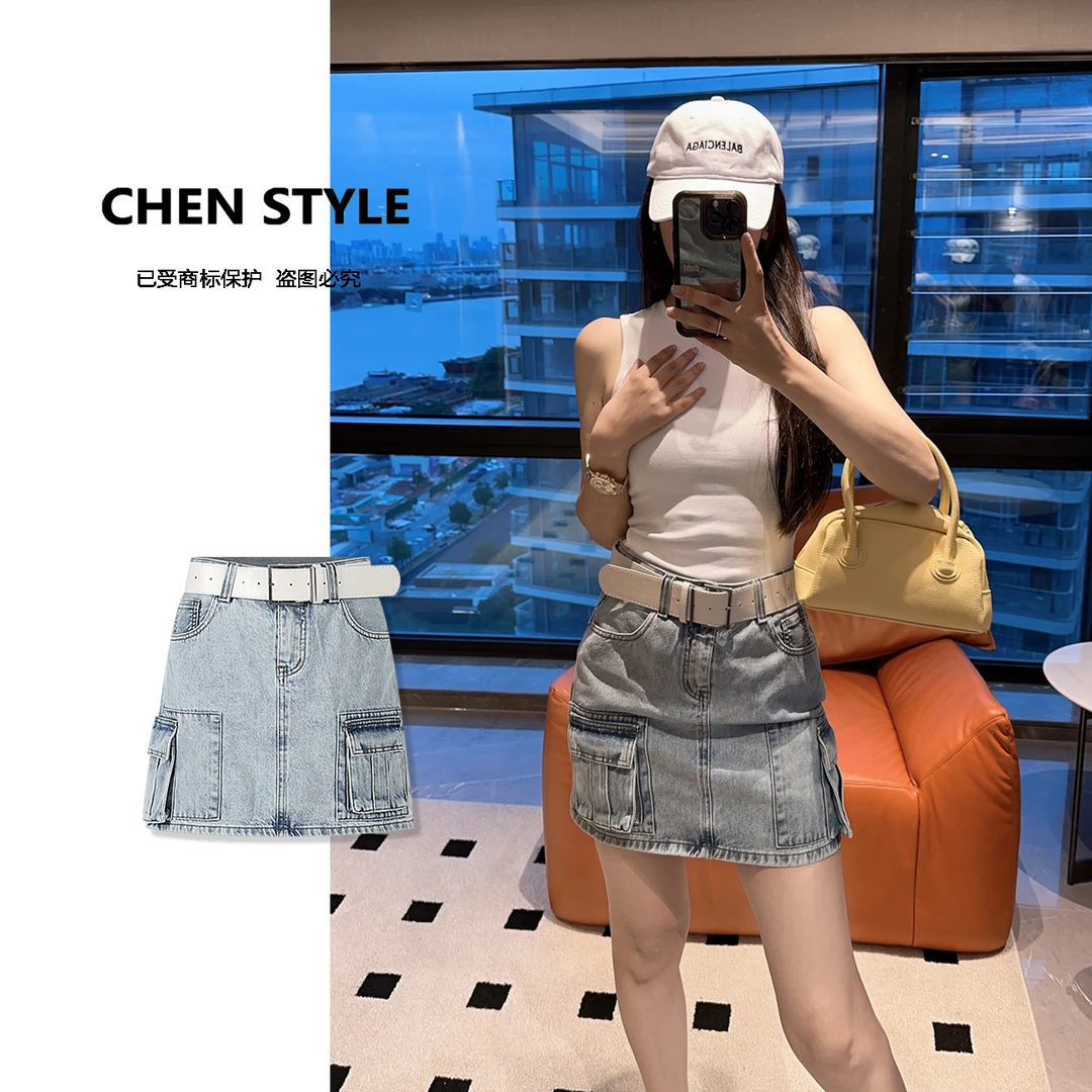 楚楚君~【工装短裙】Q20323春款洋气减龄美式复古工装口袋短裙