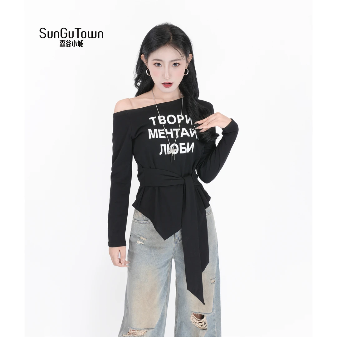 设计师款绑带不规则长袖T恤5CTQ-Y58195