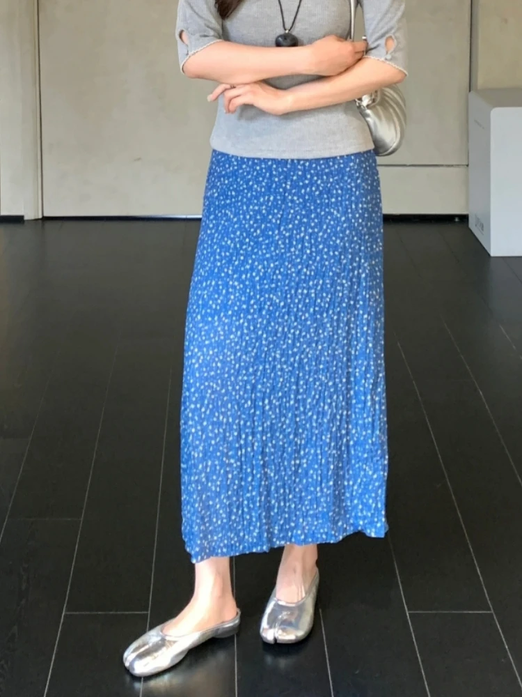 蓝色高级感浪漫碎花半身裙高腰百搭夏季中长裙子女款爆款2025新款