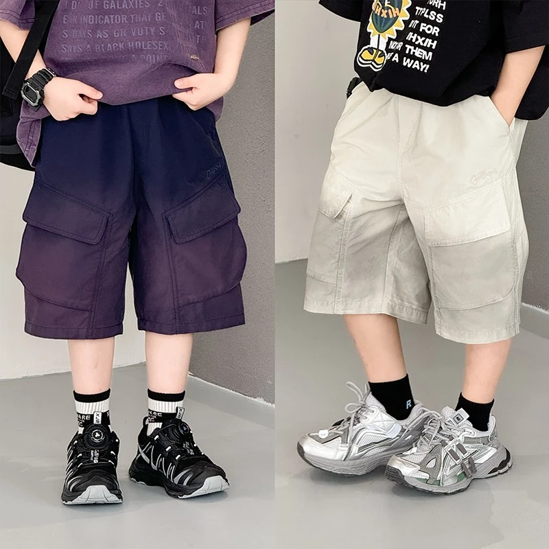 K5559男童裤子2025夏季新款中大童工装裤渐变裤儿童扎染五分短裤