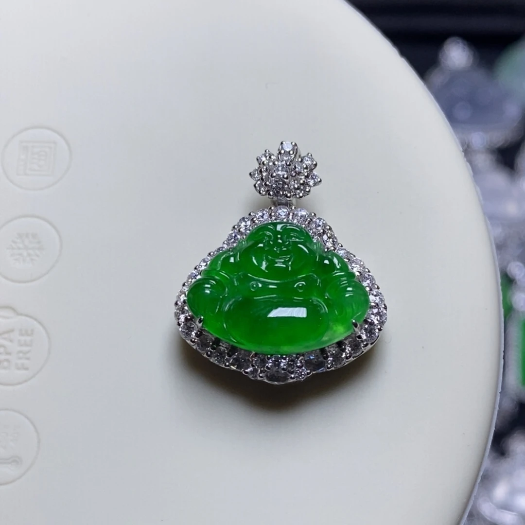 翡翠18K金镶嵌吊坠(不含链)冰阳绿佛