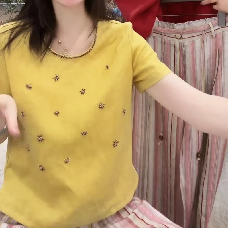 2025新款夏季时尚气质显瘦百搭朵花短袖T恤上衣女LK2503076