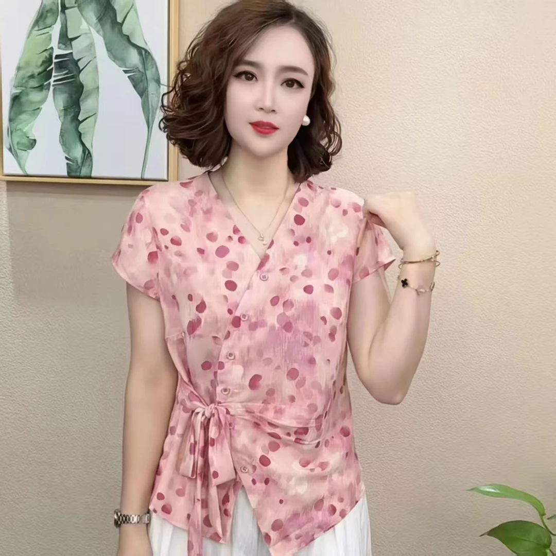 V领系带夏季新款休闲薄款时尚简约百搭女洋气显瘦小衫设计感碎花