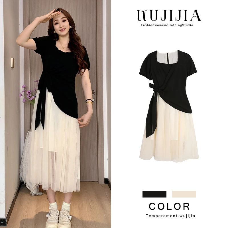 五季家大码胖妹妹显瘦夏季气质拼接中长款仙女裙连衣裙ZL106909