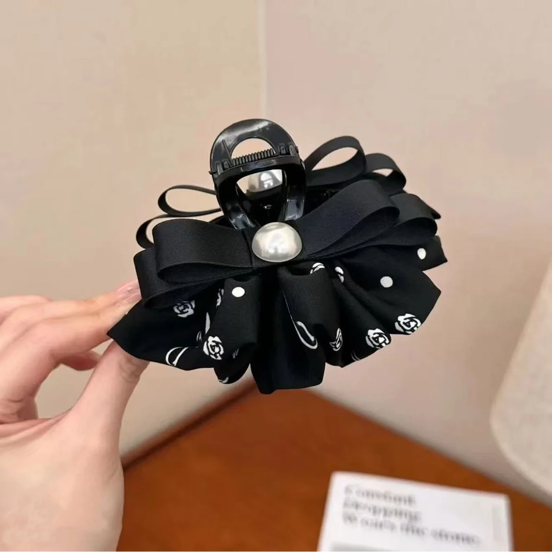 ｛山茶花之恋｝新款小黑裙优雅简约蝴蝶结丝带大号抓发夹3839