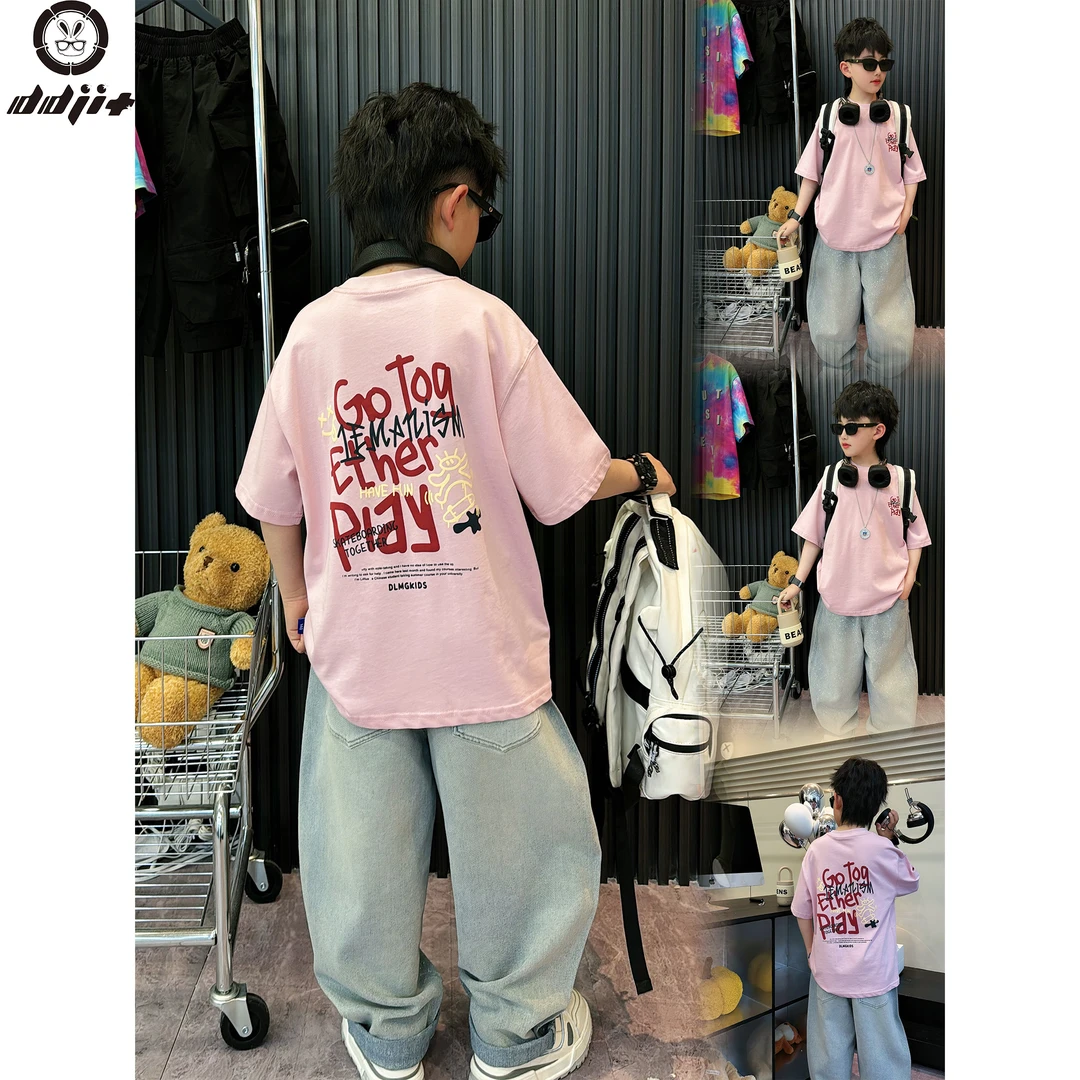 蛋蛋家【一起玩耍】夏款美式街头男童橡皮粉背面字母印花短袖T恤