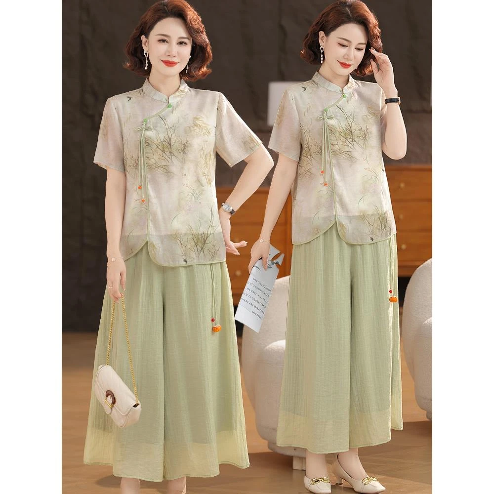 母亲节妈妈夏装洋气套装2025新款国风小衫中老年女装时尚短袖上衣