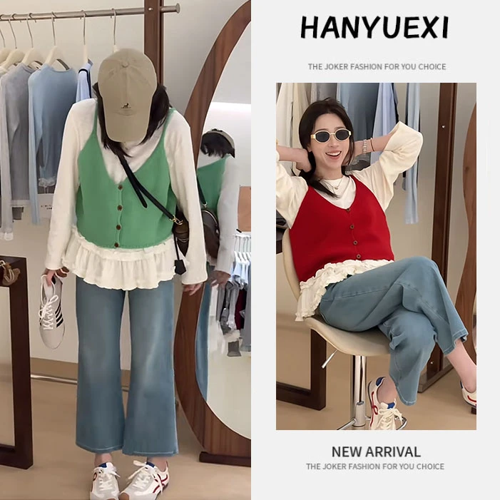 早春一整套女装2025新款韩版长袖T恤V领针织马甲高腰牛仔裤三件套