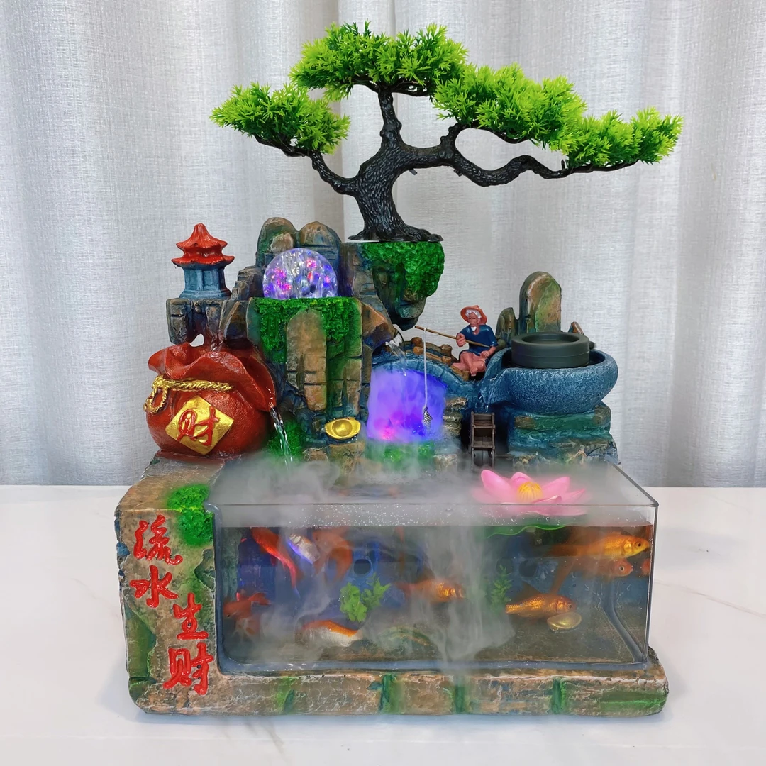 流水假山喷泉招财鱼缸循环水风水轮装饰开业送礼家用桌面高档摆件