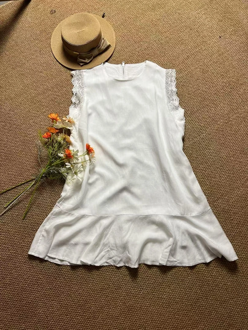 大码新款天丝麻挂脖式花边袖女拼接通勤连衣裙夏季无袖中长款5238