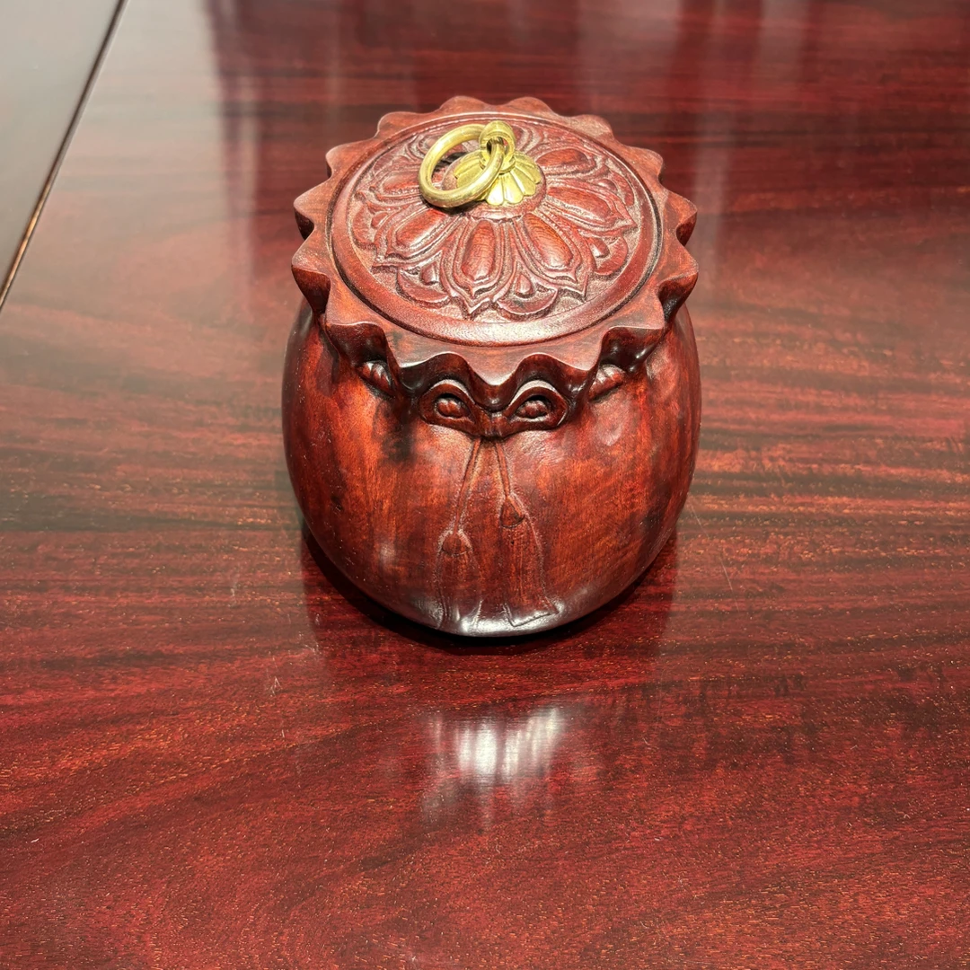 实木血檀荷花便携茶叶罐工艺品复古浮雕