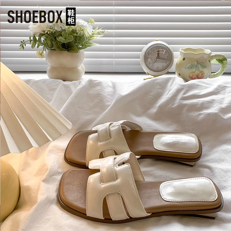 SHOEBOX鞋柜法式编织凉拖鞋女夏外穿2025新款仙女风低跟一字拖