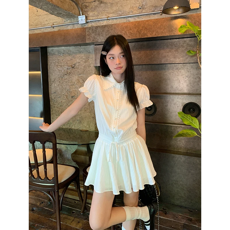 宋正恩白色肌理感泡泡袖衬衫连衣裙女夏季收腰独特别致短裙ST1442