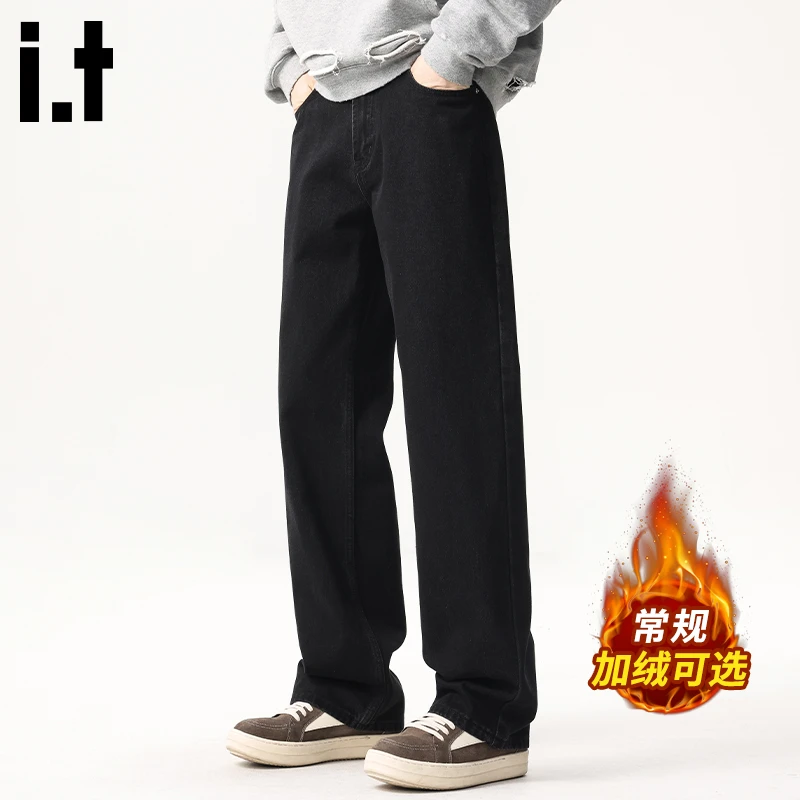 i.t:CHOCOOLATE黑色牛仔裤男款秋冬款加绒加厚宽松直筒阔腿长裤子