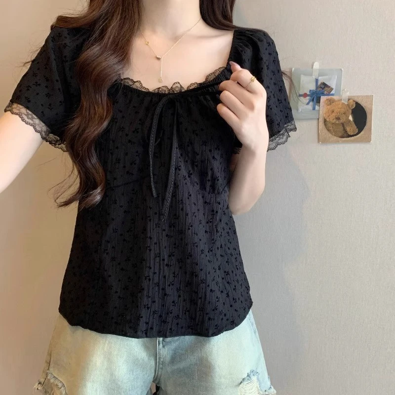 设计感蕾丝花边方领短袖t恤女夏装大码胖mm遮肚显瘦法式黑色上衣
