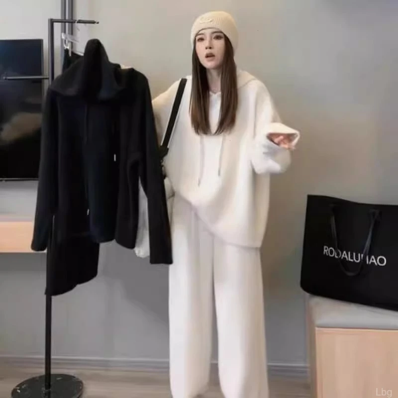 冬季休闲绒套装女宽松阔腿长裤胖MM连帽大码德上衣两件套装慵懒风