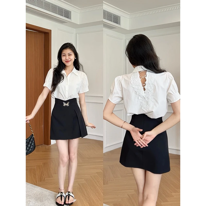 张阿星【通勤魅力】莱赛尔蕾丝衬衫+A字高腰百搭裙裤W425C08444