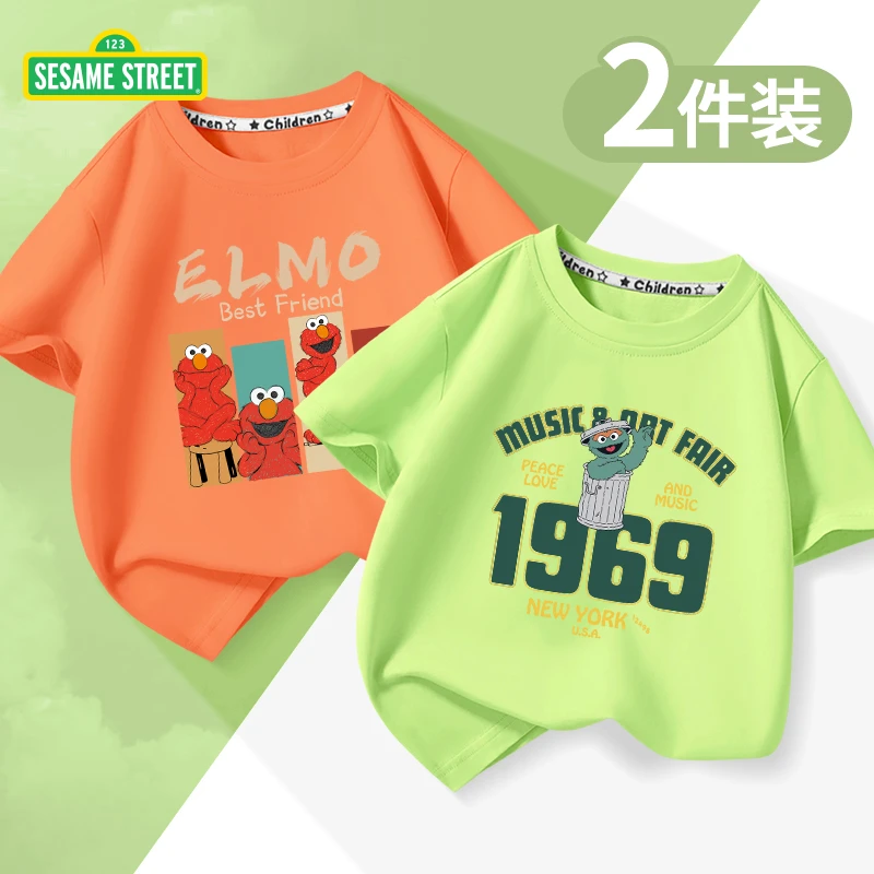 芝麻街儿童短袖夏季男童纯棉T恤薄款男孩运动半袖大童洋气五分袖