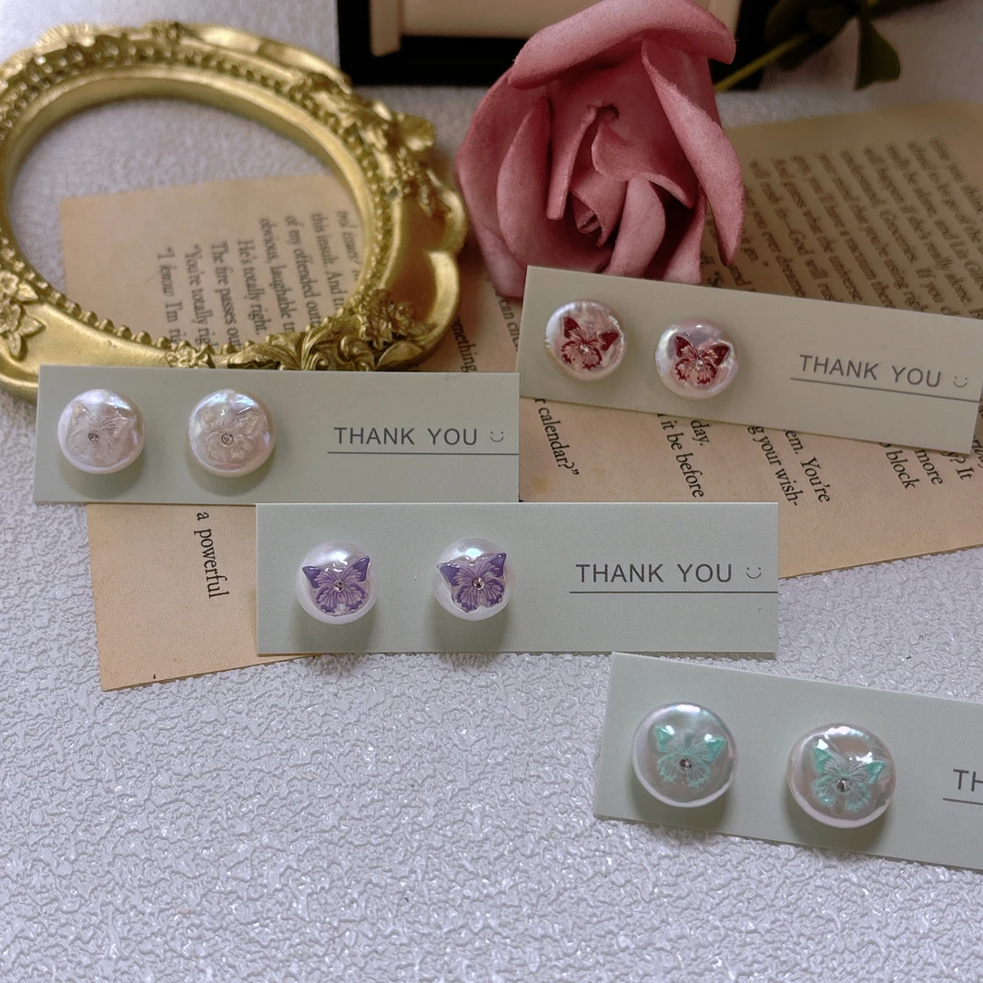 淡水珍珠浮雕蝴蝶耳钉吊坠纯银小众饰品手工制作