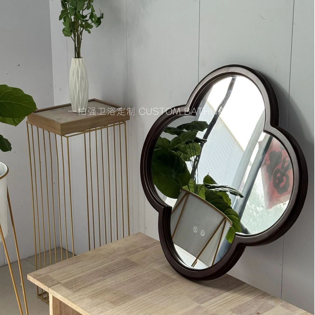 橡木烤漆复古镜中古风美式极简法式镜子耐用好看手扫感应暖色背光