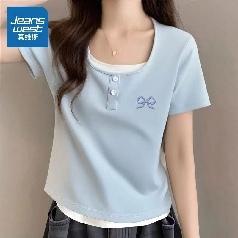 真维斯短袖t恤女2025新款正肩显瘦假两件小清新简约时尚百搭上衣