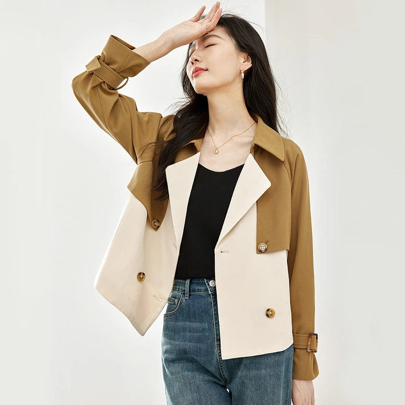 *梵希蔓气质优雅风衣外套新品翻领拼接撞色设计高级感外套M6292