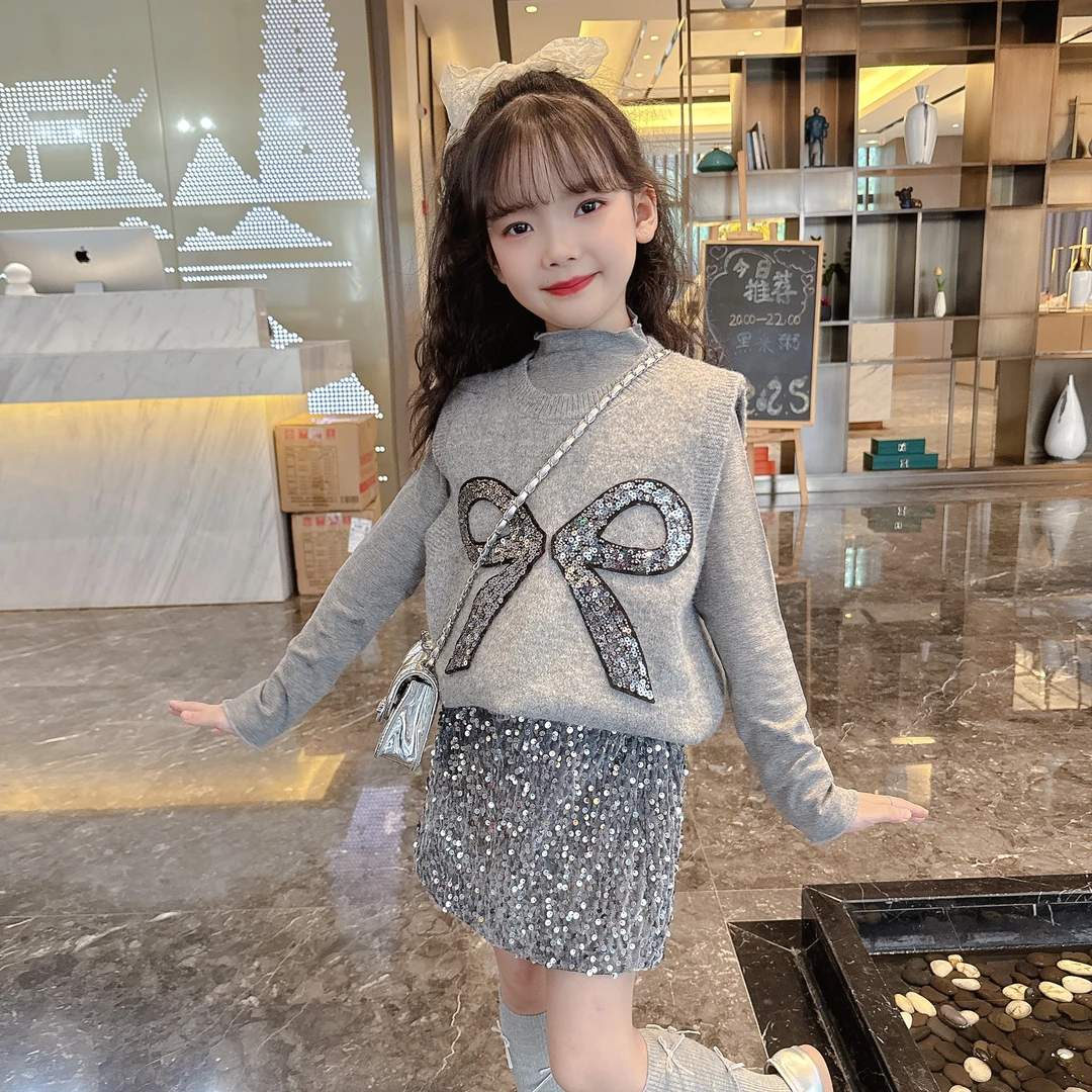 2025女童秋款新品亮片蝴蝶结马甲裙子套装女宝宝秋季新品毛衣套装